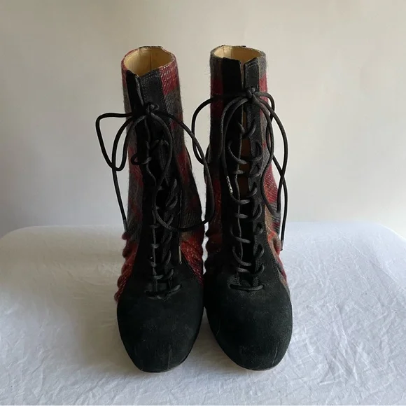 L.A.M.B. Stilleto booties heels plaid lamb sz 9 women’s red gray euc laceup heel - Picture 3 of 10